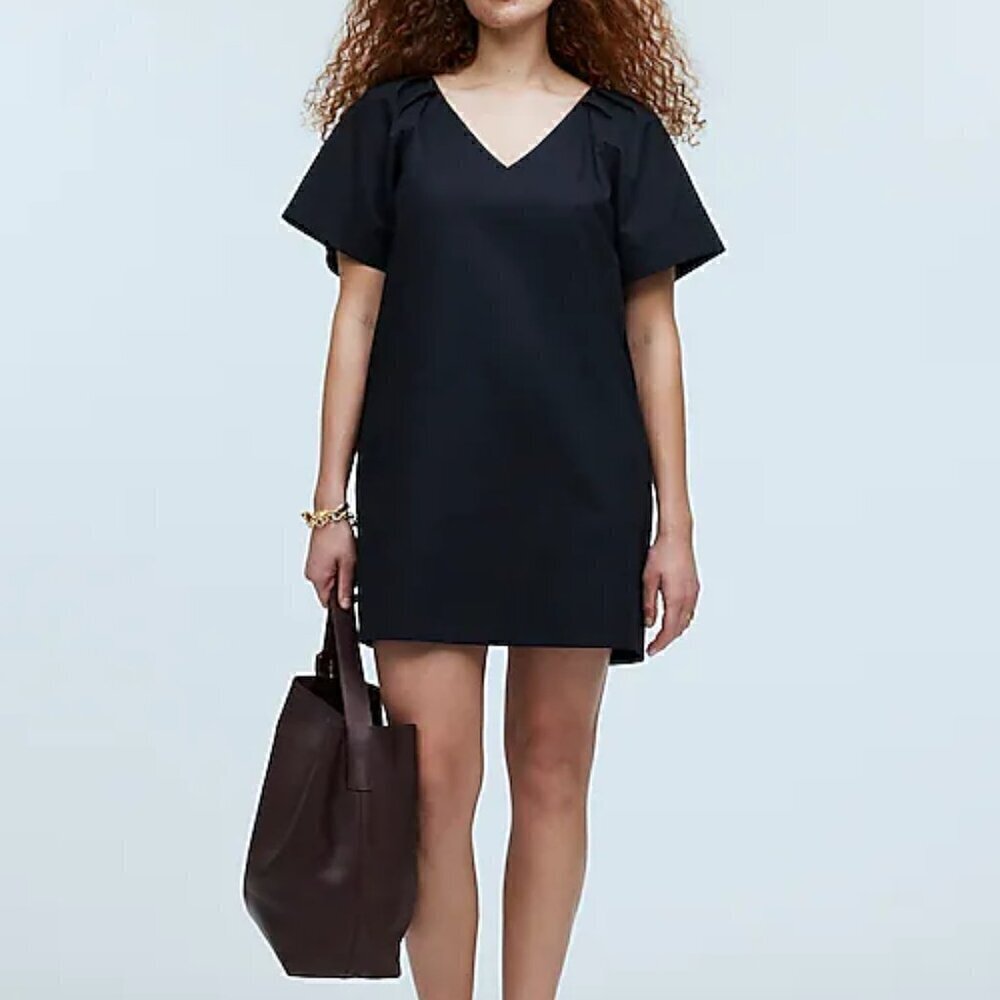 Madewell V-Neck Subtle Short Puff Sleeves Mini Shirt Dress Black Size M NWT
